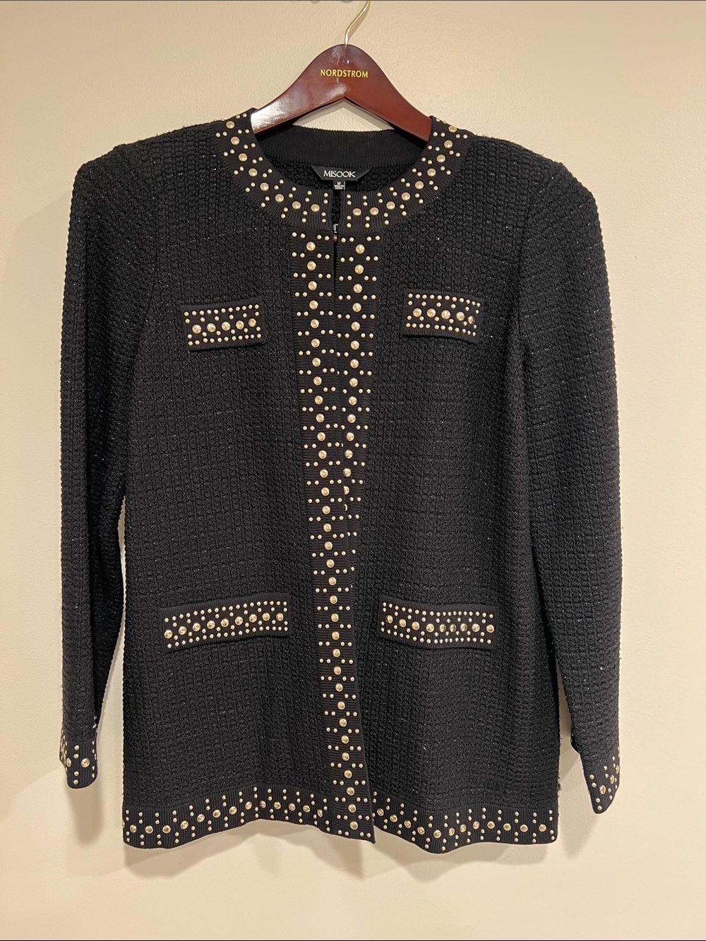 Misook Black Knit Cardigan with Gold Stud Detailing